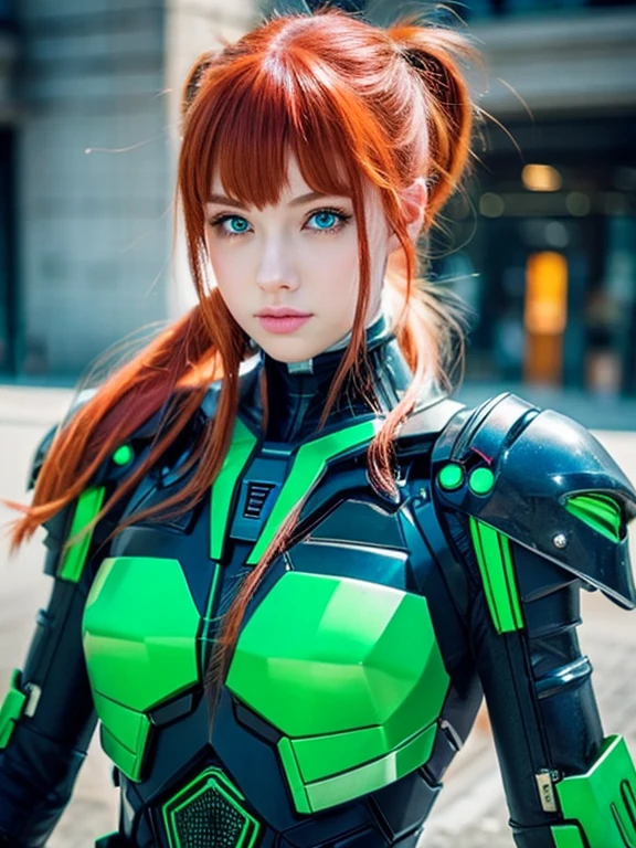 A half body、poneyTail、Young redhead、cyberpunked、mechanical suit、Green eyes