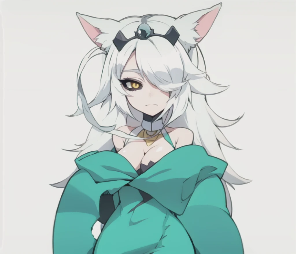 Cartoon drawing of a woman with white hair and a green sweater, [[[[sonriendo malvado]]]], Hembra Fursona, Chica de anime con cabello verde azulado, Anime Catgirl, Fursona!!!!, zorro blanco de pelo, Holo es una chica lobo, Fursona con ropa elegante, Chica anime con orejas de gato, en un estilo anime, unknown artstyle