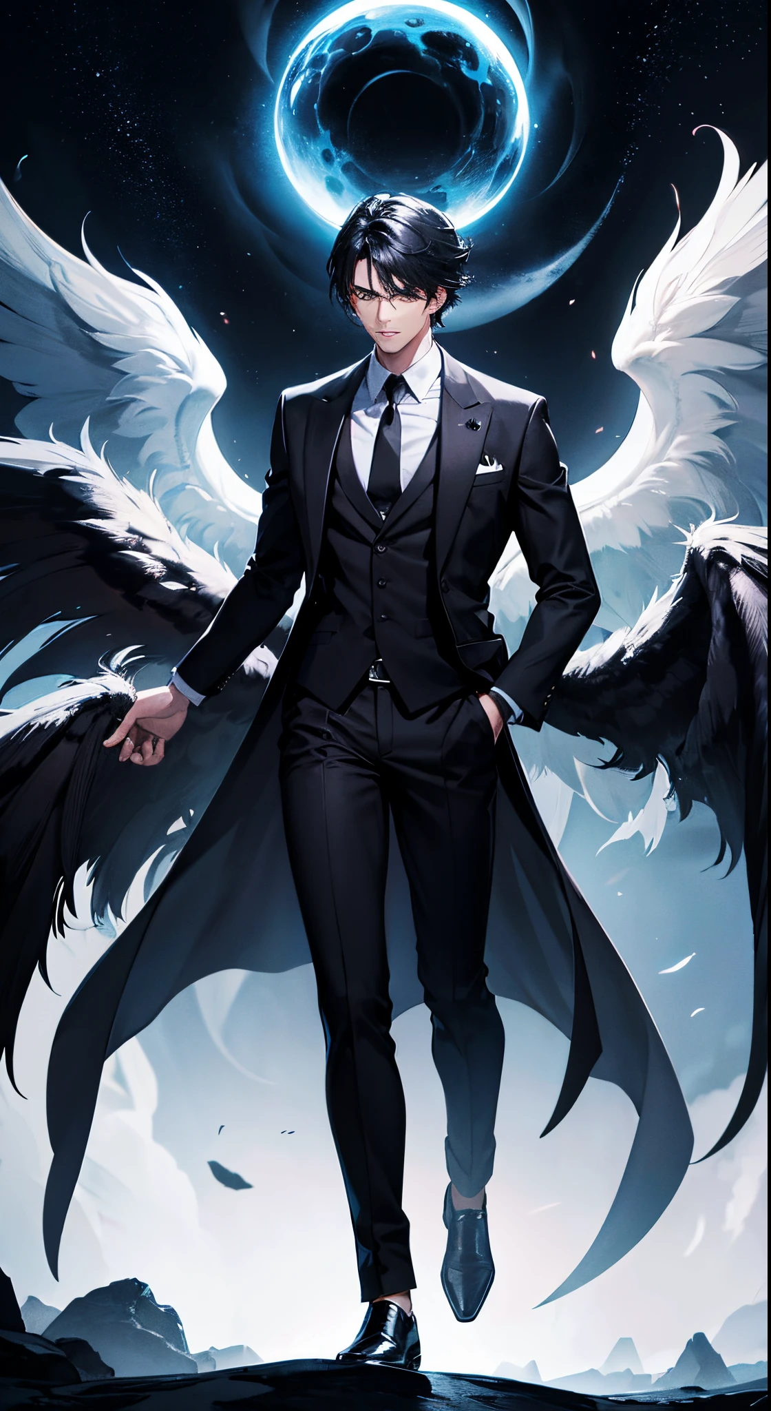 handsome man with black hole power in both hands, appearance like a great god, has huge wings on