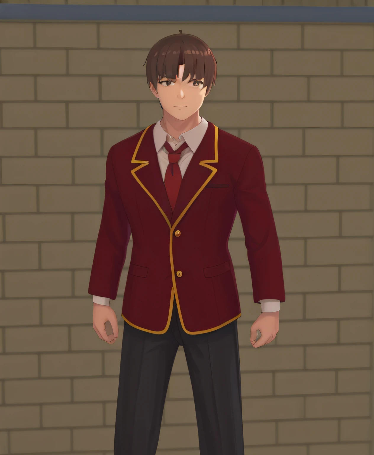 there is a man in a red jacket and tie standing in front of a brick wall, magical school student uniform, magic school uniform, jk uniform, cloth sim, inspired by Hisui Sugiura, upper body avatar, wearing red and yellow clothes, red uniform, anime vtuber full body model, inspired by Tomioka Tessai, realistis image