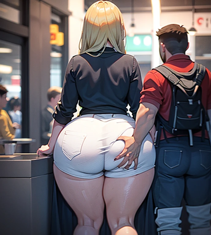 (One girl and one guy ONLY), The girl is blonde. The girl is curvy with thick thighs and a huge ass, a big thick ass. Girl is walking, The guy is groping the girl's ass, guy is squeezing girl's ass, he is grabbing her big ass as they hug. She is wearing jean shorts. She is blushing and he is smirking. Guy is grabbing her ass, ass deep squeeze