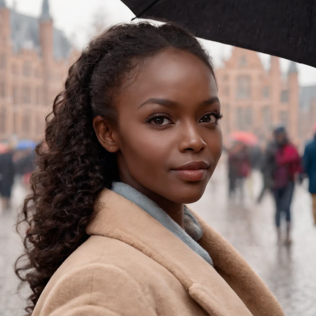 ((Dark African skin, Very deep ebony skin)), ((Its beauty undeniable)), ((Excited cute face)), ((Hyper detailed perfect eyes,)), ((pose mignonne)), ((Langue sortie)), ((Seductive )), sexy, ((beige warm winterjacket, jeans, umbrella)), ((Afro ponytail with long African curly hair,)), (( peau)), ((debout, vue de face)), ((toucher ses propres jambes dans une pose sexy)), ((The Hague, heavy rain, Ville publique, people in the background)), Sharp Focus CGI, photoreallistic, High detail, Realstic, Masterpiece, absurdes, Best quality, Hdr, High quality, high-definition, Extremely detailed, 8k wallpaper, Intricate details, 8K UHD, Full-HD, (photo realist:1.2), contraste, intense illumination, lighting cinematic, natural lighting, veilleuse, Nuit, Illumination globale, new years eve, Laughing out loud, a la piscine African women、Female sexy, the hague