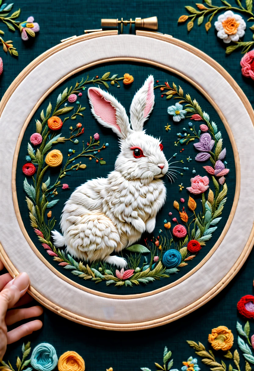 fantasy rabbbroidery circle, 3d framed embroidery, macro detailed stitching, intricate fabric texture), needle embroidery, Needlepoint, simpleBackground, fantasy art, whimsical, intricate, (best quality, masterpiece, Representative work, official art, Professional, unity 8k wallpaper:1.3)