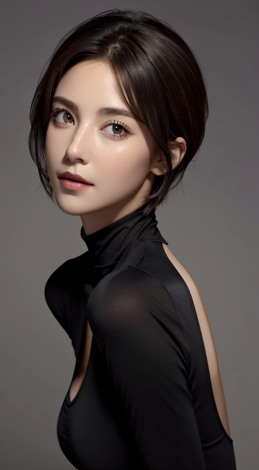 Skin Tight Black Top:1.2, Looking at Viewer, Cinematic lighting, Perfect, softlight, High resolution skin:1.2, Realistic skin texture, 30 years old mature woman、a small face、no-makeup、, off shoulders,Bust B Cup、 Exposed cleavage, Red Eyes, Short hair, dark brown hair、fullnude、Gray background、