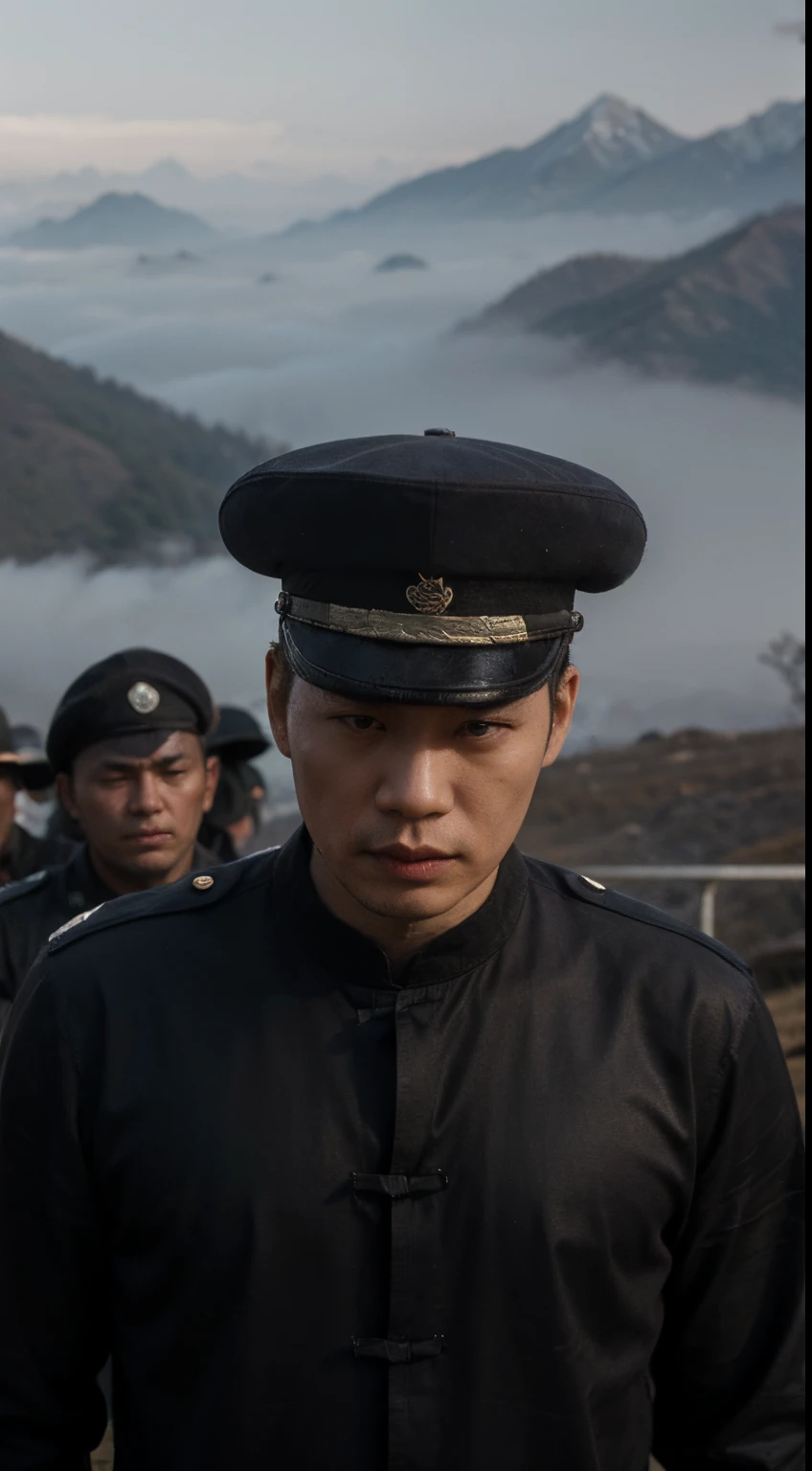 ((Mountains on the border of Shuhan)),((Thick fog)),((Zhuge Liang)),((surrounded by troops)),((Wearing a dark shirt)),((Look calm)),((sharp looking eyes)),((Surrounded by nervous soldiers and horses))