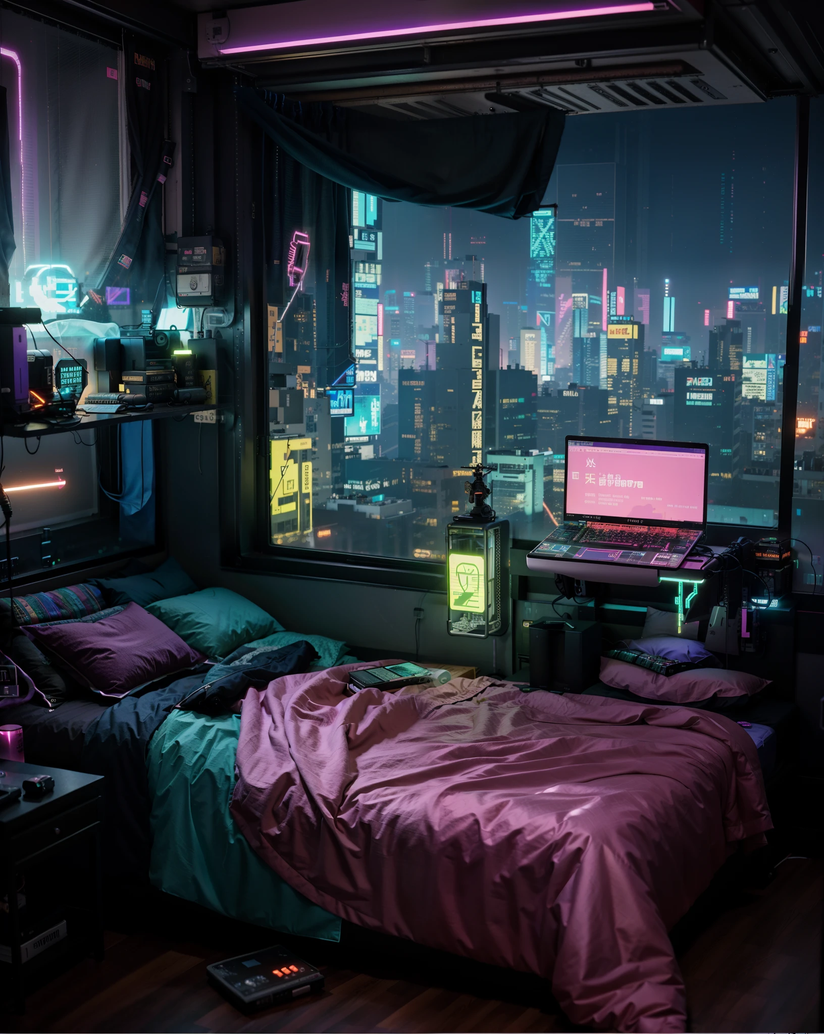 a bedroom with a bed and a desk with a laptop, quarto adolescente cyberpunk, vibe cyberpunk, Cyberpunk Room at Night, cyberpunk setting, in a cyberpunk themed room, Cyberpunk aesthetics, aesthetic cyberpunk, O apartamento cyberpunk, cyberpunk dreamscape, atmosfera cyberpunk, quarto infantil cyberpunk, apartamento cyberpunk, in cyberpunk aesthetic, cyberpunk vibes, aesthetic cyberpunk, Estilo de arte cyberpunk