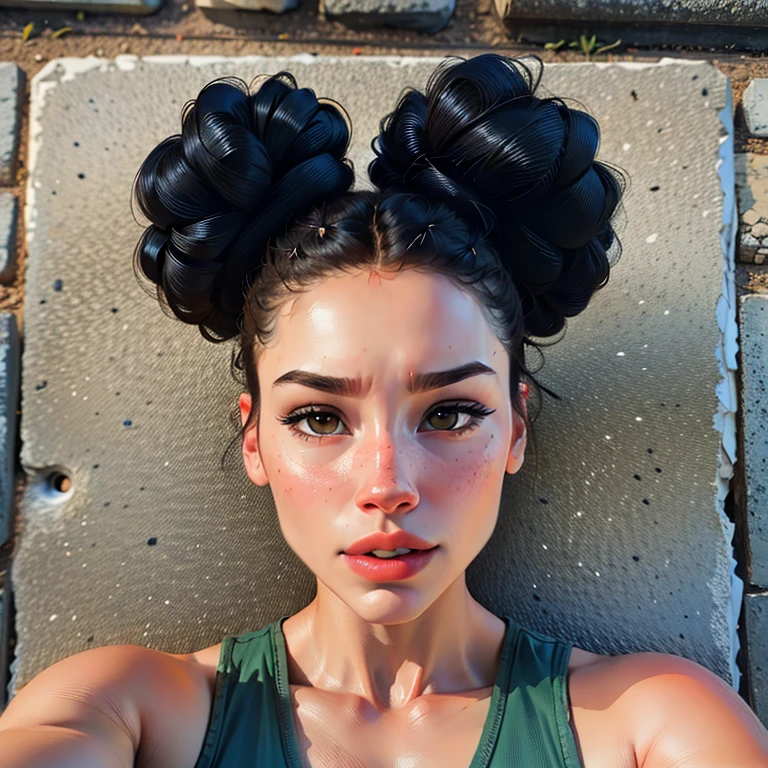 A hyper-realistic portrait of a young woman, En pleine nature, 22 ans, Realstic, (lying on her side), sexy, (huge breasts 2:1), cheveux bruns courts, (hair tied with knots), Curved, SFW