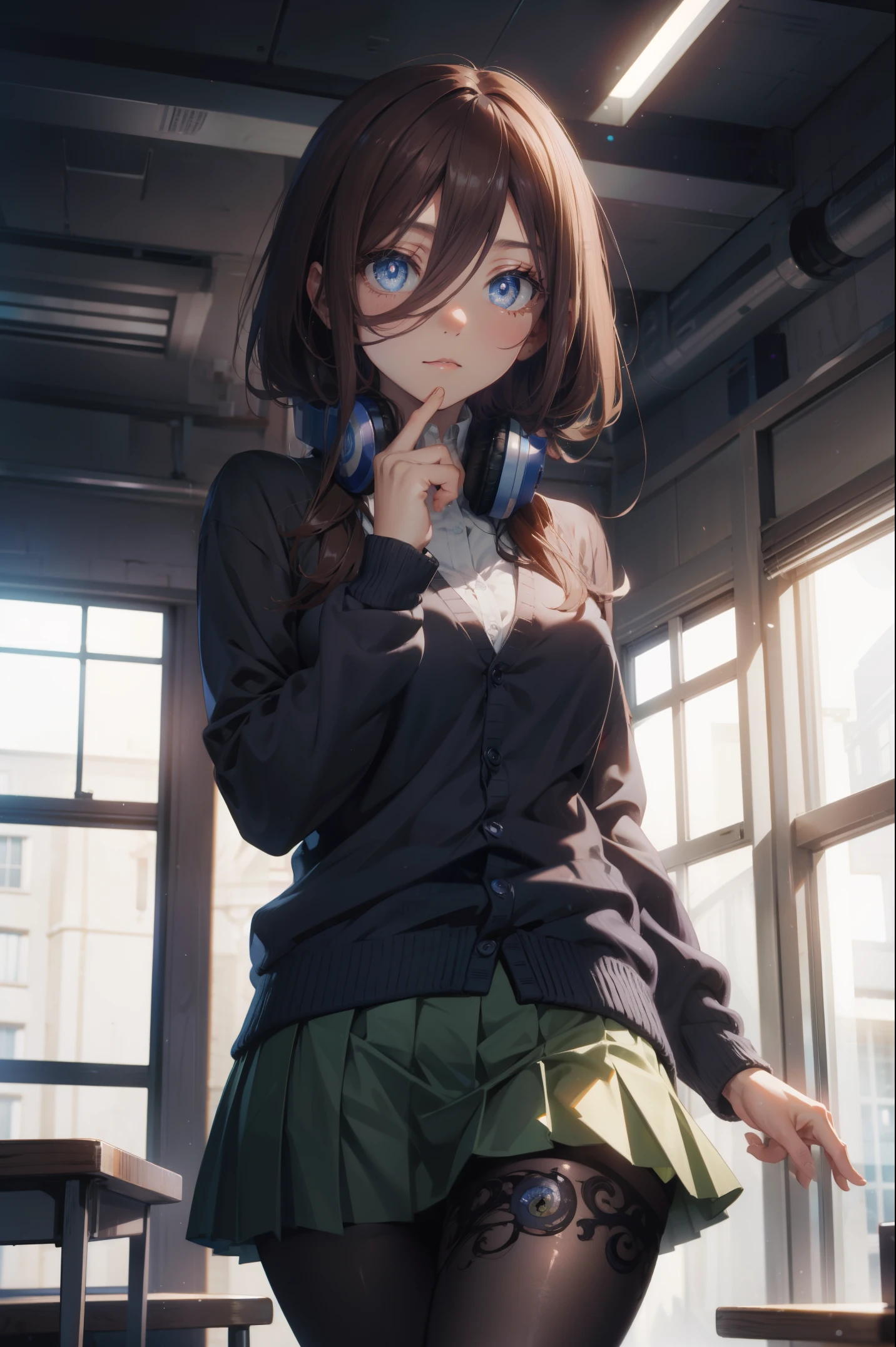 mikunakano, miku nakano, long hair, bangs, blue eyes, brown hair, shirt, hair between eyes, headphones, cardigan, headphones around neck,
BREAK skirt, shirt, long sleeves, white shirt, pantyhose, pleated skirt, black pantyhose, cardigan, green skirt, blue cardigan,
BREAK indoors, classroom,
BREAK looking at viewer, BREAK (masterpiece:1.2), best quality, high resolution, unity 8k wallpaper, (illustration:0.8), (beautiful detailed eyes:1.6), extremely detailed face, perfect lighting, extremely detailed CG, (perfect hands, perfect anatomy),