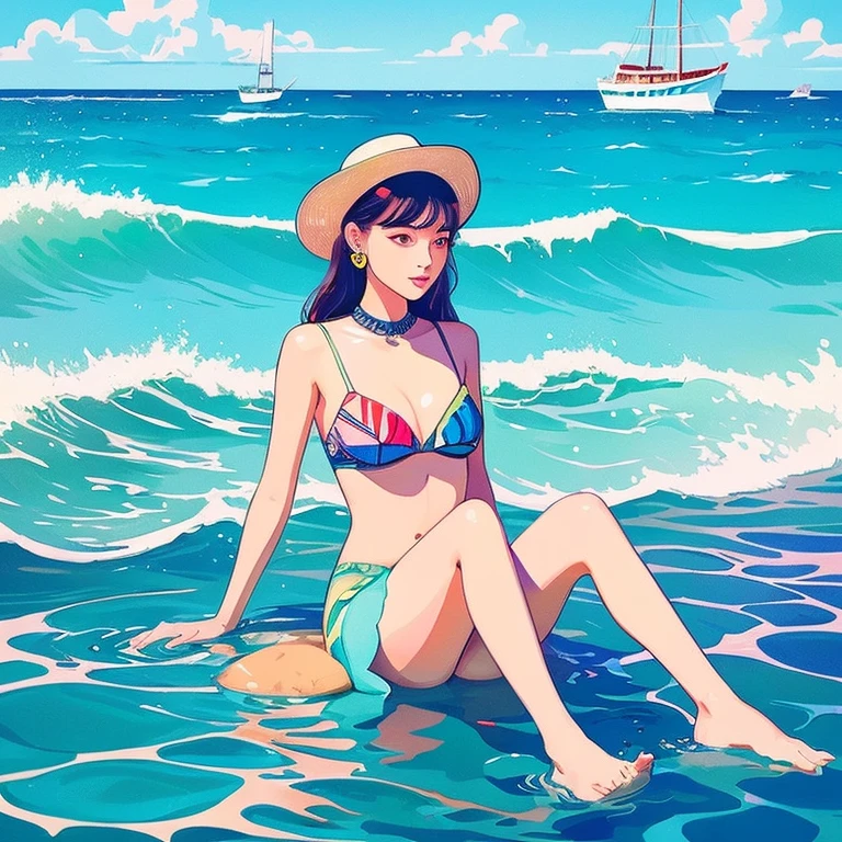 Pee、Pee、 flat color star piece, highest quality), , young 13 yg breasts , panty shot, long hair, smile, fun, smile, play, (sitting on the bench), (spread your legs), background railway, summer, bright色, bright, watercolor,Pee、Pee、Peeing