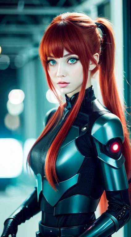 A half body、poneyTail、Young redhead、cyberpunked、mechanical suit、Green eyes