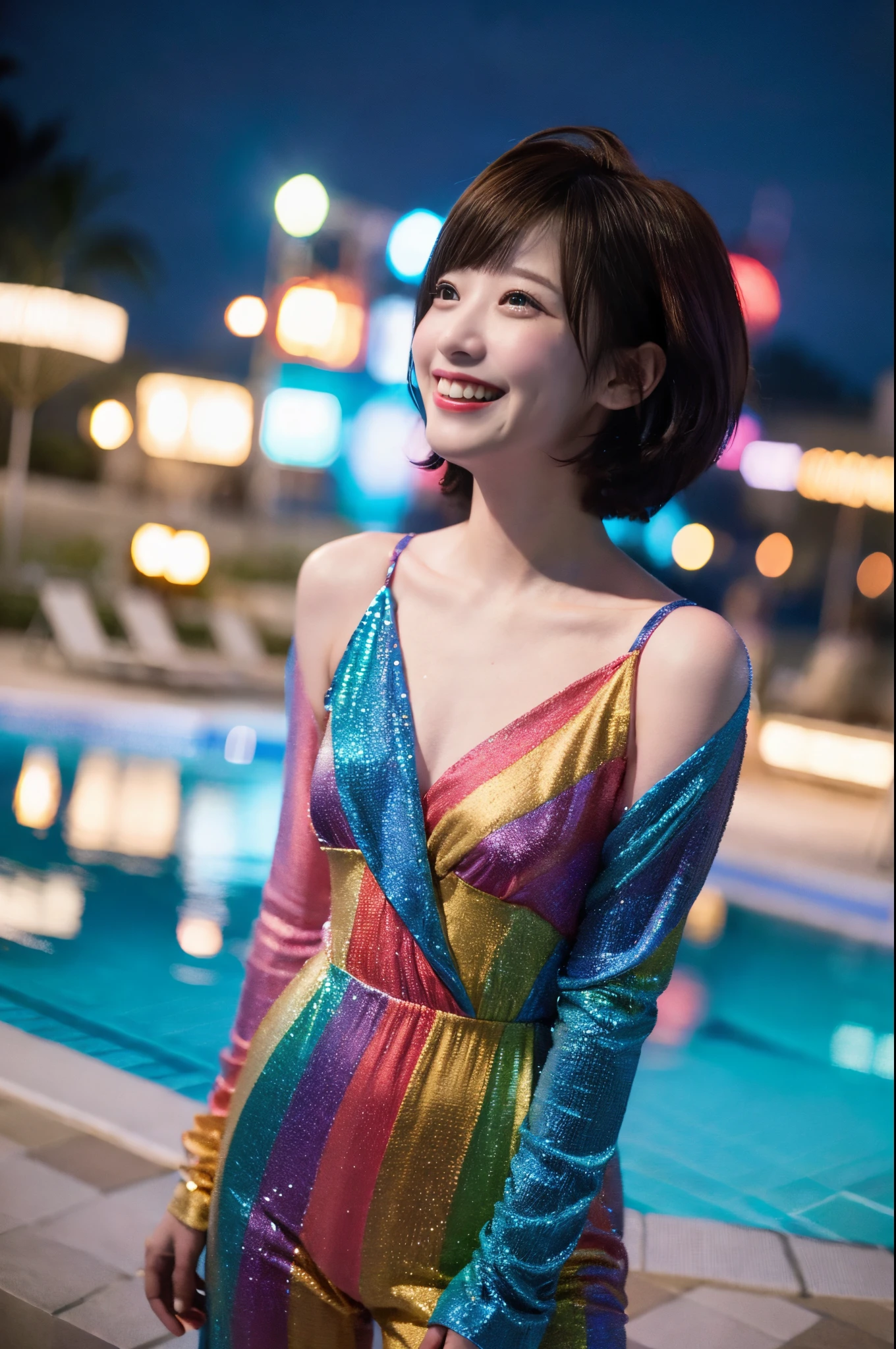 wearing a rainbow colored suit, short-hair, Hi-Res, Cinematic Angle, Professional Lighting, Unity 8k壁纸、Aesthetic、​masterpiece、top-quality、Shy laughter, Summer, Lustful, Beach at night, Night Pool