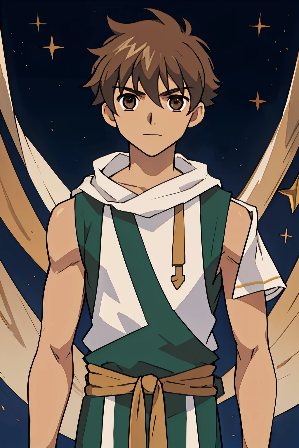 masterpiece, best quality, movie still, 1boy, solo, male focus, looking at viewer, , , , realistic, syaoran_tsubasa_chronicle, brown hair, brown eyes, toga costume, ,