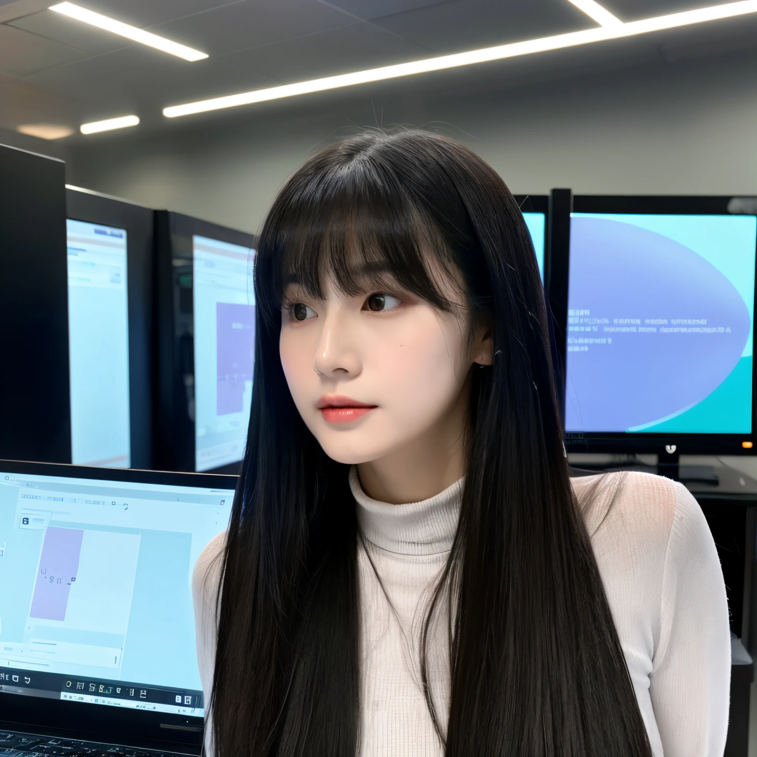 mannequin femele 30-years old pretty fair skin Wearing long sleeves A dark-haired Straight hair that reaches to the shoulders Bangs Patsun kiss the computer deeply