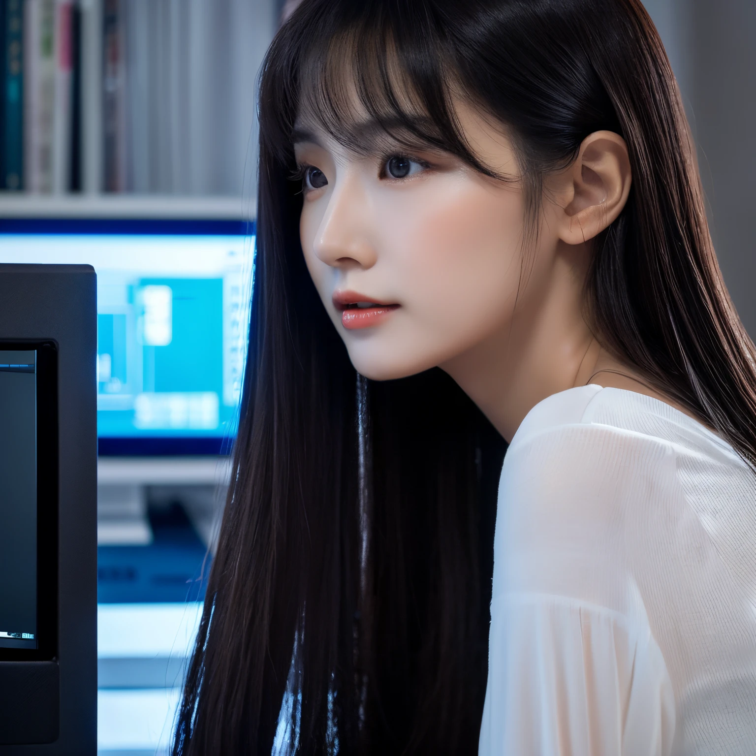 mannequin　femele　30-years old　pretty fair skin　Wearing long sleeves　A dark-haired　Straight hair that reaches to the shoulders　Bangs Patsun　kiss the computer deeply