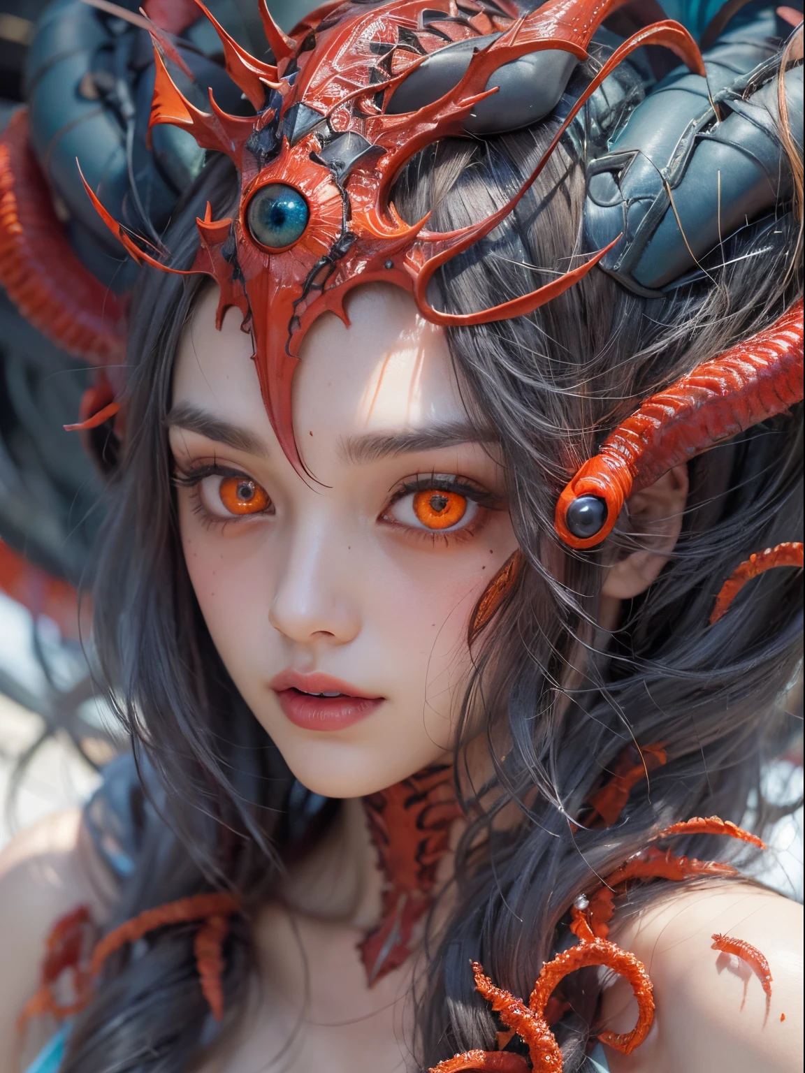 Female Alien, Beautiful face, seduces, red eyes, Full body like, A sexy, alien, NO humans, an alien, cells are fused, Multiple hands, A lot of tentacles, Blue skin, extraterrestrial, cell, bio image, 魅惑的, No hair, Best Quality,,8K,,4K_quality,,high_Definition,,Dramatic Lighting,,masutepiece:1.5,cinematic quality, detail up, Intricate details:1.2, 超A high resolution, high Definition, drawing faithfully, (Thick eyebrows:1.4), (Big scarlet eyes:1.6), Beautiful eyes with fine symmetry, (Ultra detailed eyes:1.4),(Highly detailed face and eyes:1.7), (High-resolution red-eye:1.8), Intimate face, (ultra detailed skin texture:1.4), Perfect Anatomy,  (Beautiful toned body:1.5), Highly detailed hair, (Moist skin:1.2), No makeup, (dark circles:1.1),