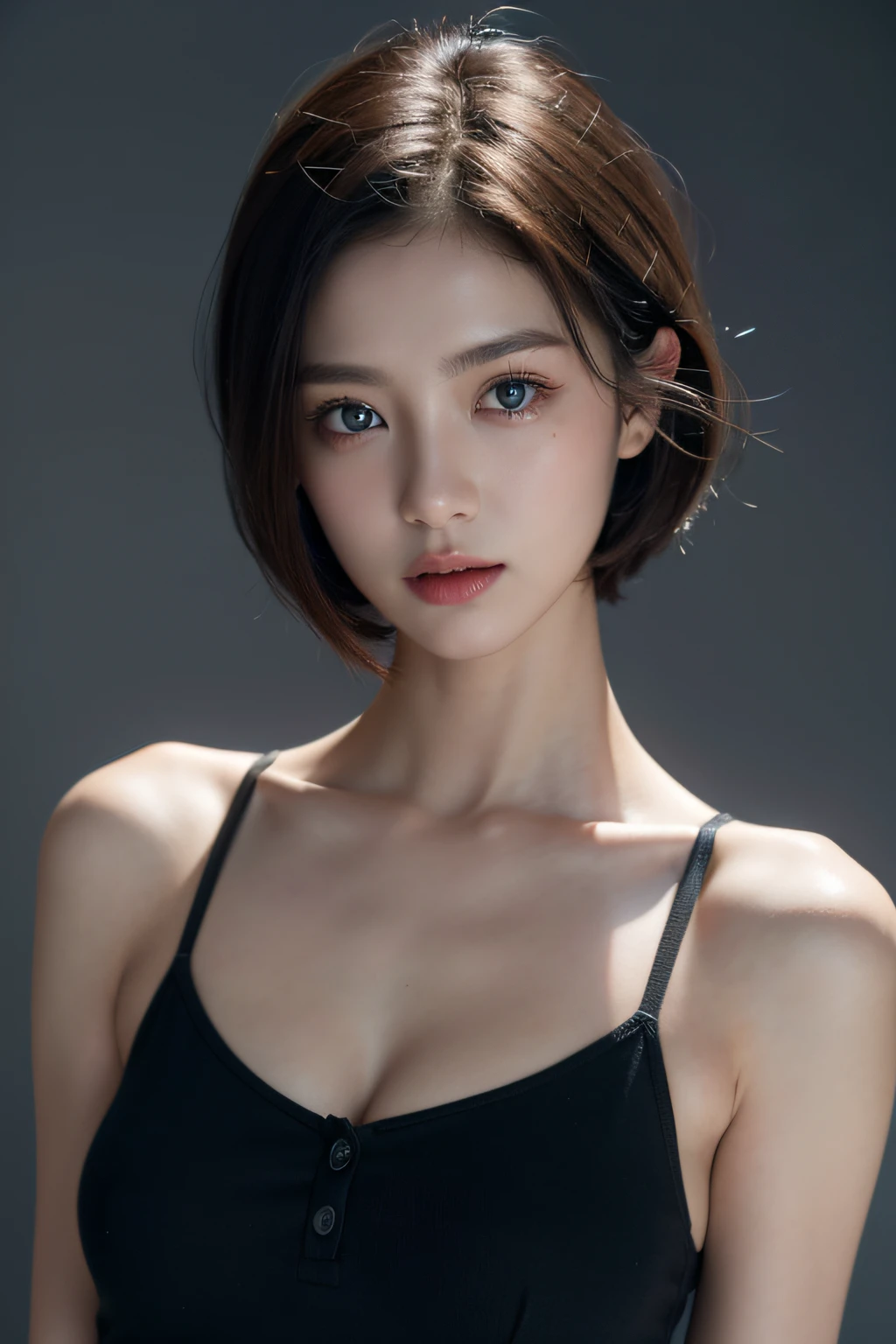 Skin Tight Black Top:1.2, Looking at Viewer, Cinematic lighting, Perfect, softlight, High resolution skin:1.2, Realistic skin texture, 30 years old mature woman、a small face、no-makeup、, off shoulders,Bust B Cup、 Exposed cleavage, Blue eyes, Short hair, dark brown hair、fullnude、Gray background、