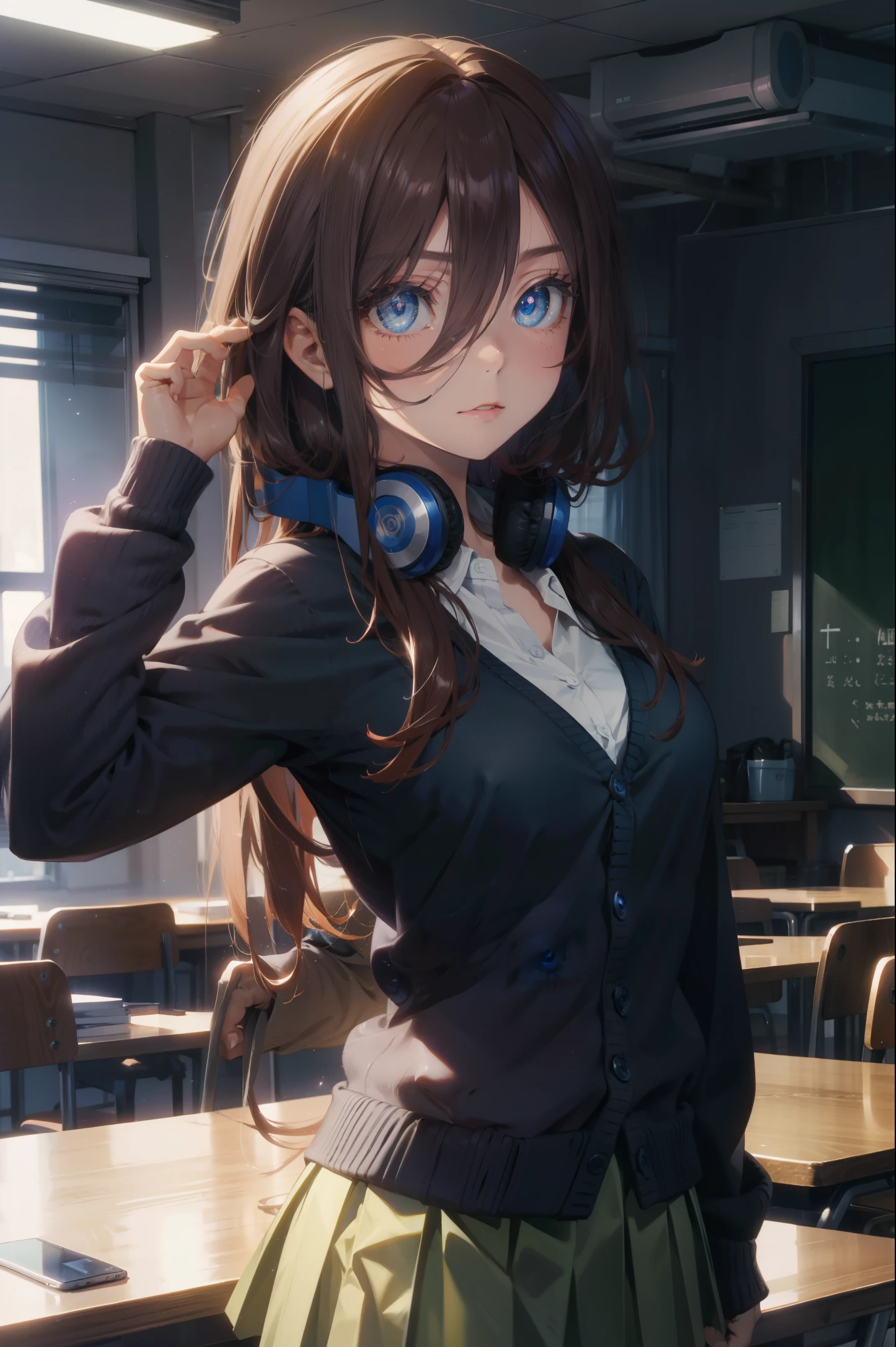 mikunakano, miku nakano, long hair, bangs, blue eyes, brown hair, shirt, hair between eyes, headphones, cardigan, headphones around neck,
BREAK skirt, shirt, long sleeves, white shirt, pantyhose, pleated skirt, black pantyhose, cardigan, green skirt, blue cardigan,
BREAK indoors, classroom,
BREAK looking at viewer, BREAK (masterpiece:1.2), best quality, high resolution, unity 8k wallpaper, (illustration:0.8), (beautiful detailed eyes:1.6), extremely detailed face, perfect lighting, extremely detailed CG, (perfect hands, perfect anatomy),