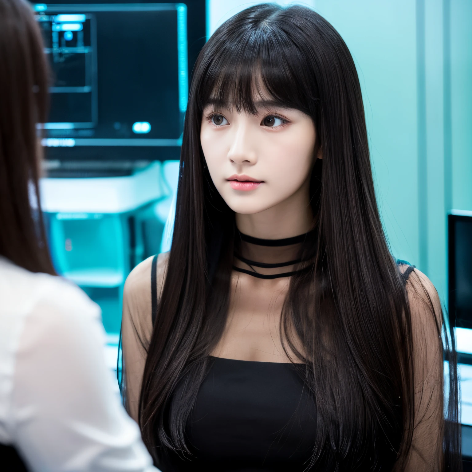 mannequin　femele　30-years old　pretty fair skin　Wearing long sleeves　A dark-haired　Straight hair that reaches to the shoulders　Bangs Patsun　skinny face　stroking the computer