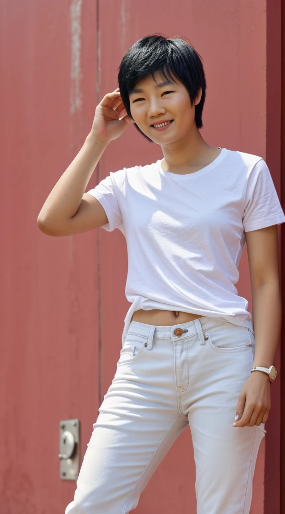 a woman smiling for the camera while posing for a picture, without makeup, half asian, with no facial features, lesbian, 40 years old, jen zee-zhuoxin ye-lei jin-mai anh tran-yuli ban-xue han-jia ruan-kakar cheung merged, entire body visible, full body, hyperrealistic, real human skin, best quality, 8K, masterpiece, extremely intricate, detailed eyes, detailed face, detailed body, exaggerated features, pronounced features, fujifilm, short spikey hair with a fade, short, fit, flat chested, rectangular body, androgynous face, wearing -neck white tshirt and boot cut jeans, butch lesbian,