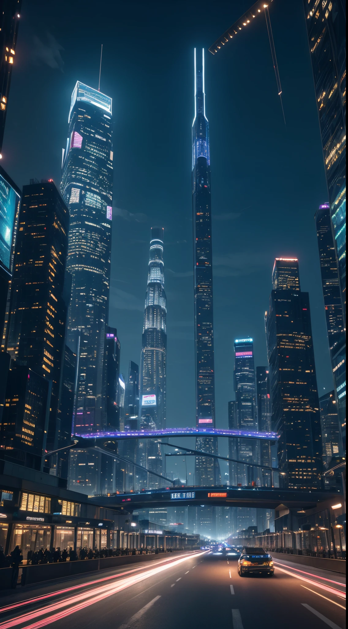 (best quality,4k,8k,highres,masterpiece:1.2),ultra-detailed,(realistic,photorealistic,photo-realistic:1.37),futuristic city,advanced architecture,giant skyscrapers,hovering vehicles,glowing neon lights,high-tech infrastructure,holographic displays,flying drones,central command tower,high-speed transportation network,transparent walkways,sleek and modern design,meticulous attention to detail,impressive scale,nighttime cityscape,illuminated by colorful lights,omniscient surveillance cameras,pulsating energy,innovative technology,robotic assistants,green spaces and gardens,picturesque parks,futuristic fashion,diverse and bustling crowd,expressive street art,multi-level transportation hubs,aerial monorails,automated systems,invisible force fields,imposing futuristic structures,a sense of awe and wonder,seamless integration of nature and technology,magnificent skyline,harmonious blend of tradition and innovation,harmony between humans and machines,vibrant and energetic atmosphere,limitless possibilities for exploration and adventure.