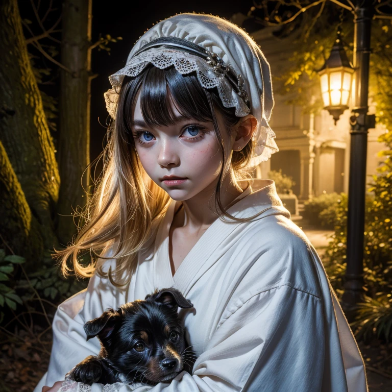 absurdres , highres, ultra detailed, ( 1girl:1.3) (leaning oversized animal 1dog:1.2), BREAK, a minigirl, blonde hair, clear blue eyes, french braid, parted bangs, forehead, rococo dress, silk gloves, bonnet, BREAK, a black dog, yellow eyes, Decorated, BREAK, lawn, BREAK,creepy momo girl, (white kimono), spooky woods, lost in dark wood, (at night:1.2), monsters, glowing eyelawless skin:1.2)