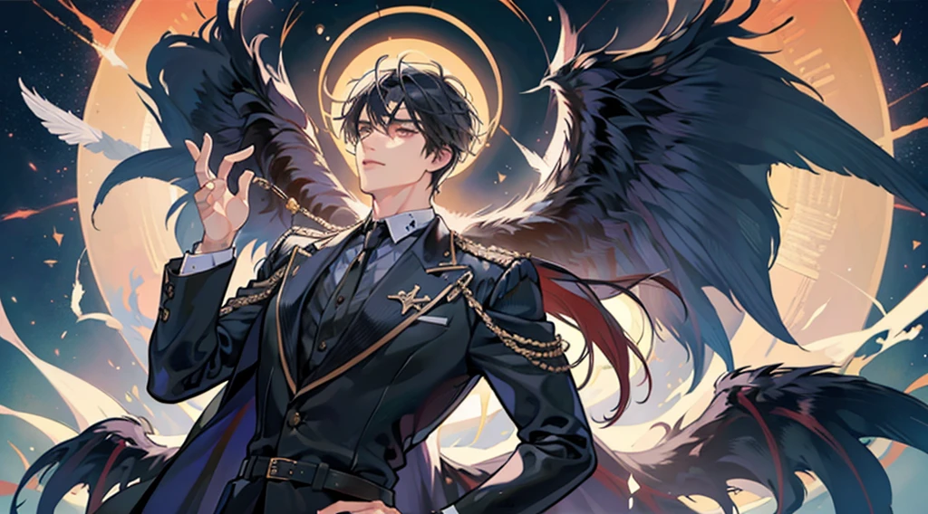 handsome man with black hole power in both hands, appearance like a great god, has huge wings on his back