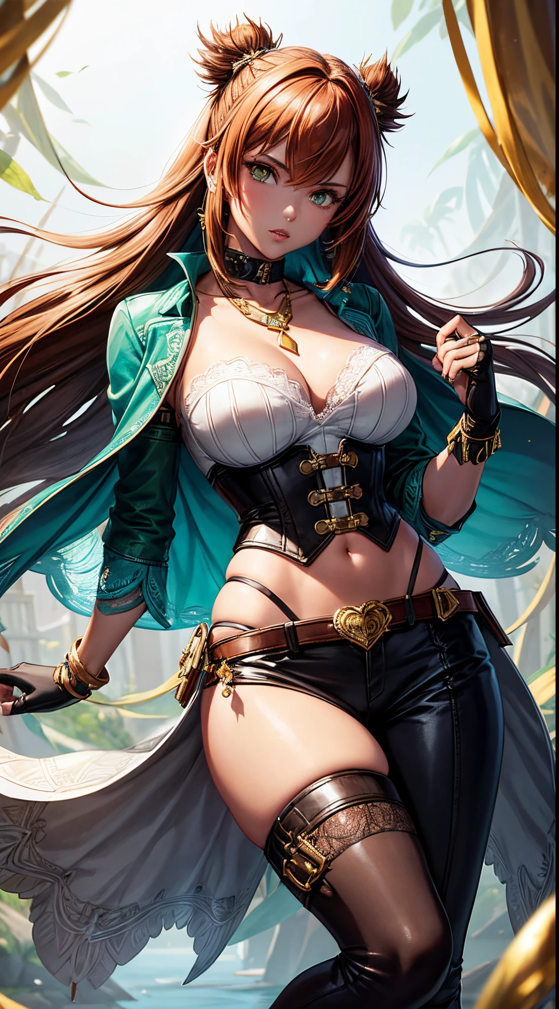 Katarina alves from Tekken 7, katarina alves, Tekken 7, Katarina has long light auburn hair, plump lips and tanned skin. She is wearing a gold necklace with a turquoise colored gem and strands of gold hanging from it, Katarina is sporting an ensemble that consists of a long, ivory-colored jacket with light green lace detailing along the front collar. The left and right sleeve has a crochet-scalloped hem and has peacock feather designs on the back at the tail. She is also wearing shiny brown, fingerless leather gloves with metal, square-shaped rings with a dark heart detail on each finger. Exposed is her black leather bra with brown and white stripes on the straps and on the banding where there is a gold button in the middle. There must be black holsters attached to the sides of her bra since there are two small pistols with brown handles within their holsters under each arm. She has a small tattoo of a red heart with tiny vines around it beneath her belly button. She is visibly wearing a black thong. On top, she is wearing white, belted pants with brown, blue-green and tan striped pattern. Instead of having a zipper closure, there is a corset styled looping with ivory lacing replacing the latter. Finally, she is wearing white heels with brown soles. Midriff, exposed midriff