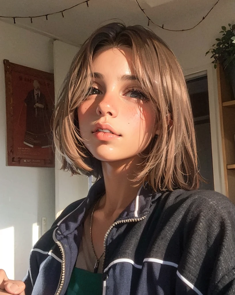 a hyper-realistic portrait of a young woman, under a tree, inside a forest, in the middle of nature, 22 years old, realistic, (lying on her side), sexy, (huge breasts 2:1), short brown hair, (hair tied with bows), curved, SFW