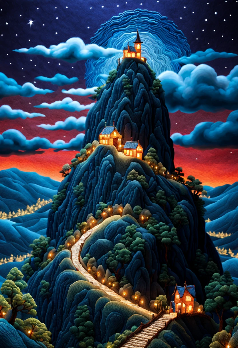 1man, on the hill, night, (3d framed embroidery, macro detailed stitching, intricate fabric texture), needle embroidery, Needlepoint, fantasy art, whimsical, intricate, (best quality, masterpiece, Representative work, official art, Professional, unity 8k wallpaper:1.3)