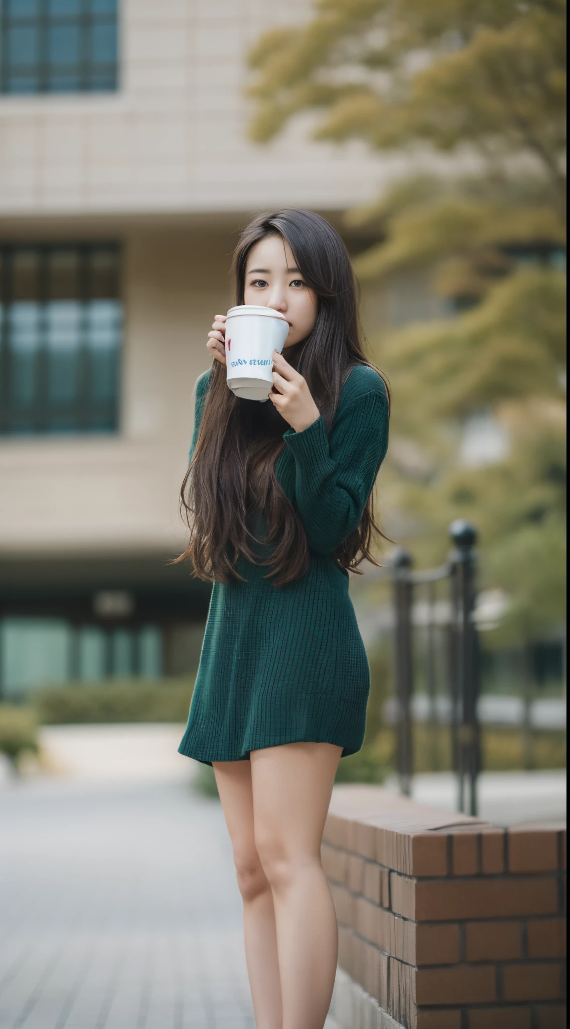 realistic beautiful korean babe with pale skin and small boobs. in college, drinking coffee