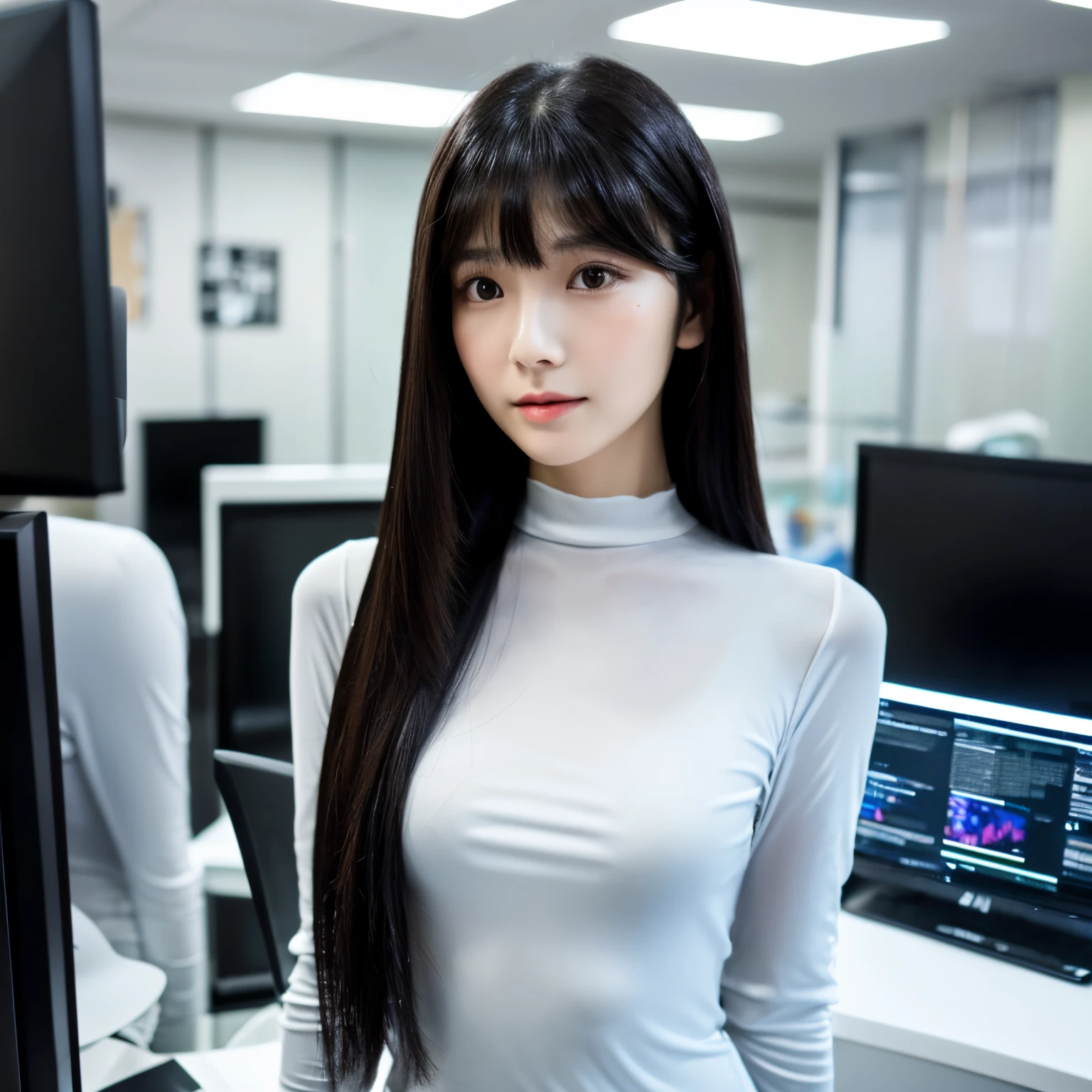 mannequin femele 30-years old pretty fair skin Wearing long sleeves A dark-haired Straight hair that reaches to the shoulders Bangs Patsun skinny face stroking the computer