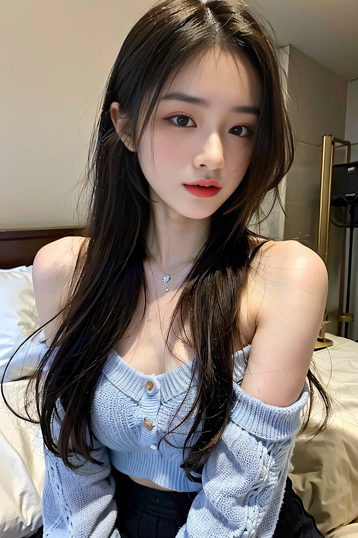 masutepiece , Best Quality, Ultra-detailed, Photo, extremely delicate and beautiful,High resolution, 1girl in, 25 years old, Beautiful girl in Japan, Small breasts, Plump lips, Wavy Hair,Short hair, I have one small mole under my eye, Detailed eyes,detailed facial features, detailed arms,Detailed fingers,Detailed legs, Bedrooms,Sleeping in bed, off-the-shoulder sweater, Perfect dynamic composition, Beautiful detailed eyes , the beach, Sexy face, Face feeling ecstasy, ((Face at the peak of sexual arousal)), ((Sensation of the face having sex)), (blue lights), Film grain, SLR camera, 35mm lens focal length