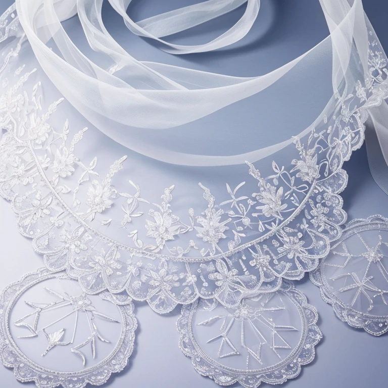 Best quality，EXTREMELY CLEAR，Super refined，super complex，Transparent pure white tone，Pure  thread embroidery，clear crystal embroidery，clear crystal embroidery，Flat background texture material with unique rigorous dense  lines