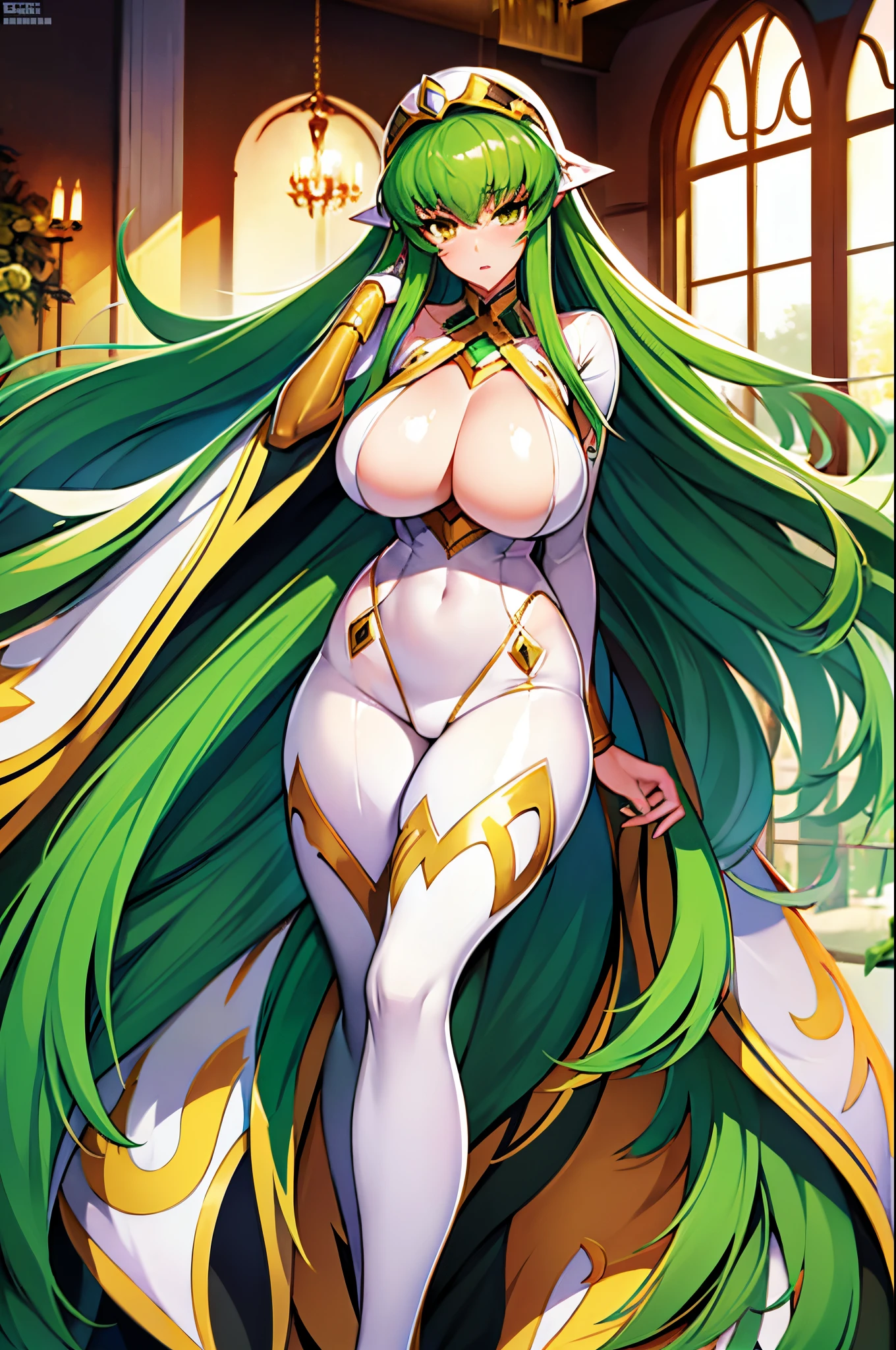 Code geass, C.C, 1 Sister, (((Bimbo))), Long green hair, yellow eyes, puffy lips, Draw lips, Thick lips, Wide hips, Thigh thick, Bigchest, humongous large breast, violence, &#39;Ace, Bubl, Camel toes, , Brazilian Butt Lift, white business suit, Tight suit, placed in a