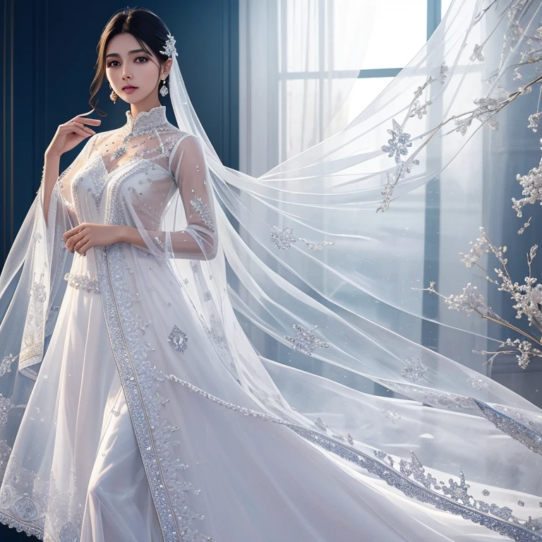 Best quality，EXTREMELY CLEAR，Super refined，super complex，Transparent pure white tone，Pure  thread embroidery，clear crystal embroidery，clear crystal embroidery，Flat background texture material with unique rigorous dense  lines