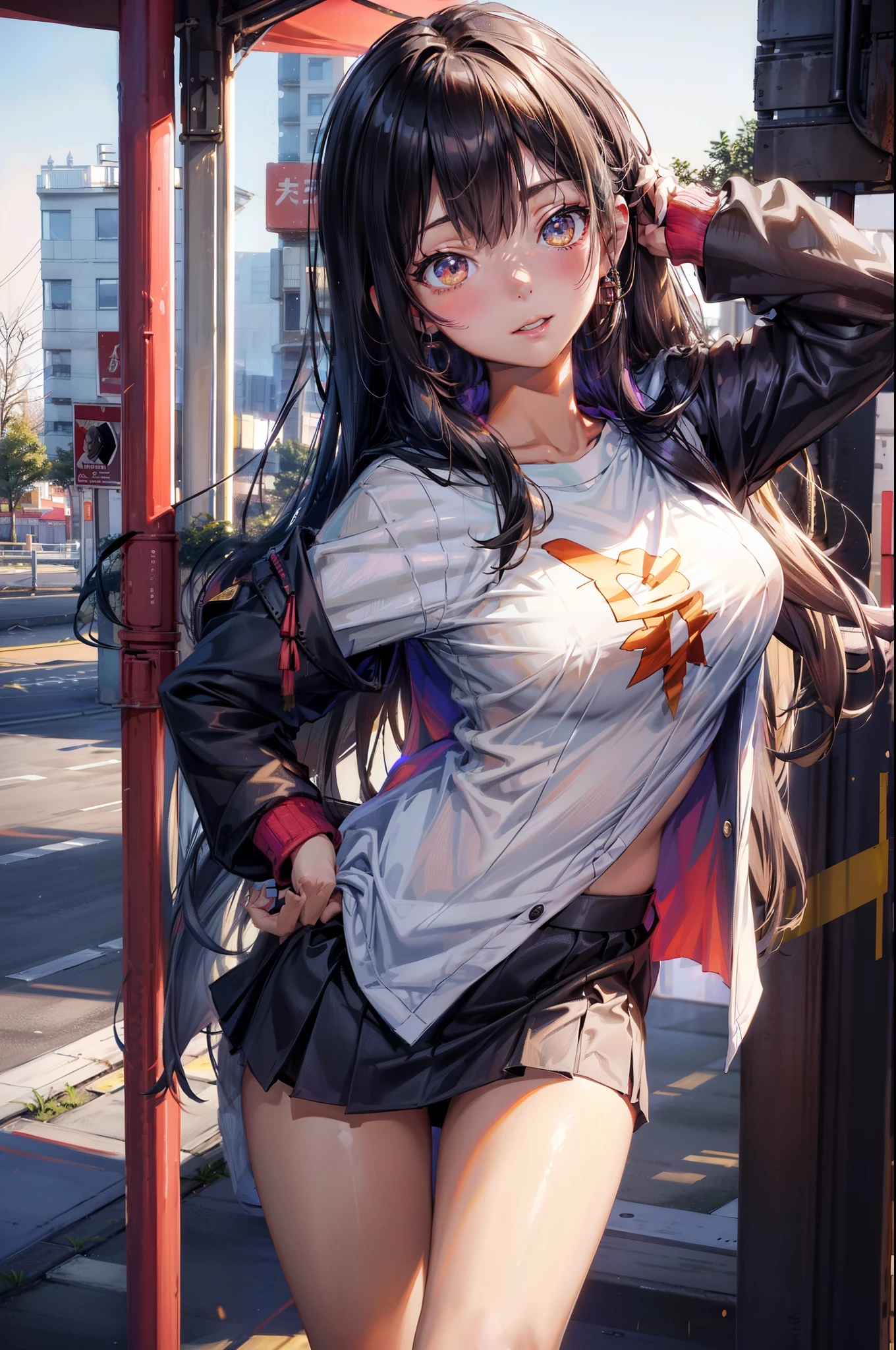 1个Giant Breast Girl,Lower bust，ssmile，(The shirt:1.5),(Wear a miniskirt:1.2),(legs long:1.3),(evening，Bus stop，​​Caiyun)，Long black hair，fur trim hooded long coat，Mall，hyper HD, ray traycing, reflective light， structurally correct, Award-Awarded, 电影灯光, tmasterpiece, super detailing, high high quality, high detal, Best quality at best,