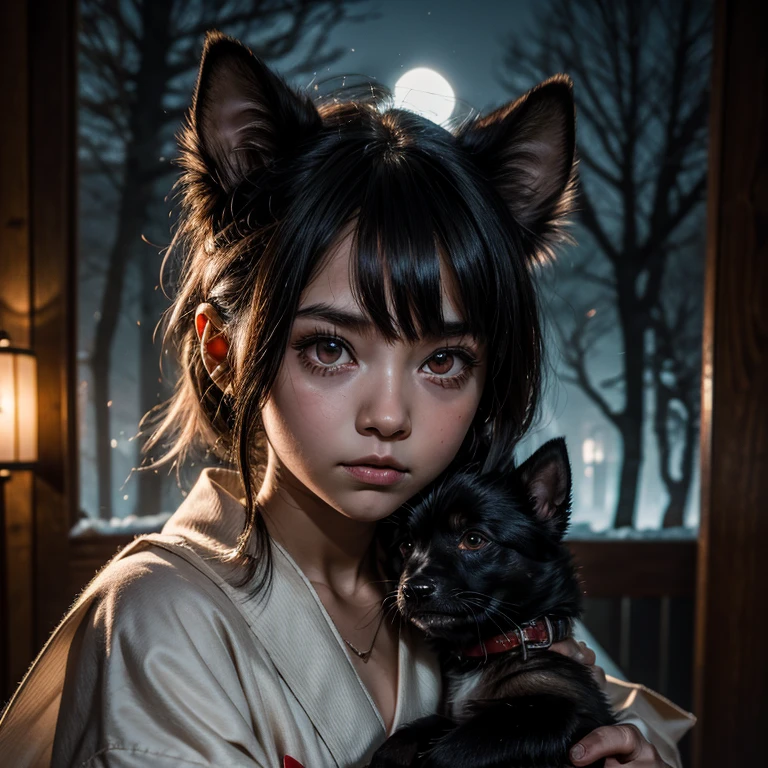 absurdres , highres, ultra detailed, (child 1girl:1.3) (leaning oversized animal 1dog:1.2), BREAK, creepy mini momo girl, (white kimono), BREAK, huge guard dog, black fur, glowing red eyes, evil look, BREAK, spooky woods, lost in dark wood, (at night:1.2), BREAK, monsters, glowing eyelawless skin:1.2)