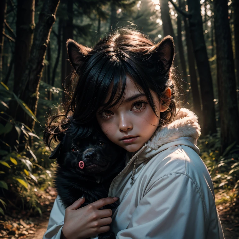 absurdres , highres, ultra detailed, (child 1girl:1.3) (leaning oversized animal 1dog:1.2), BREAK, creepy mini momo girl, (white kimono), BREAK, huge guard dog, black fur, glowing red eyes, evil look, BREAK, spooky woods, lost in dark wood, (at night:1.2), BREAK, monsters, glowing eyelawless skin:1.2)