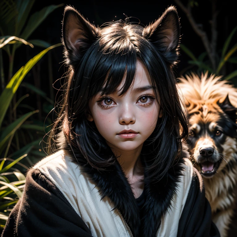 absurdres , highres, ultra detailed, (child 1girl:1.3) (leaning oversized animal 1dog:1.2), BREAK, creepy mini momo girl, (white kimono), BREAK, huge guard dog, black fur, glowing red eyes, evil look, BREAK, spooky woods, lost in dark wood, (at night:1.2), BREAK, monsters, glowing eyelawless skin:1.2)