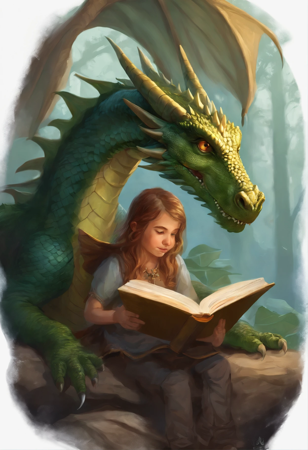 dragon reading a book, and a  is sitting on it, fantasy book illustration, fantasy rpg book illustration, RPG Book Portrait, digesting a small dragon, realistic fantasy illustration, D&D Commission Art Dragon, Detailed book illustration, Гиперреалистичный D & D Фэнтезийное искусство, full color illustration, Portrait of dungeons and dragons, Illustration for a collection of short stories, Fantasy genre portrait