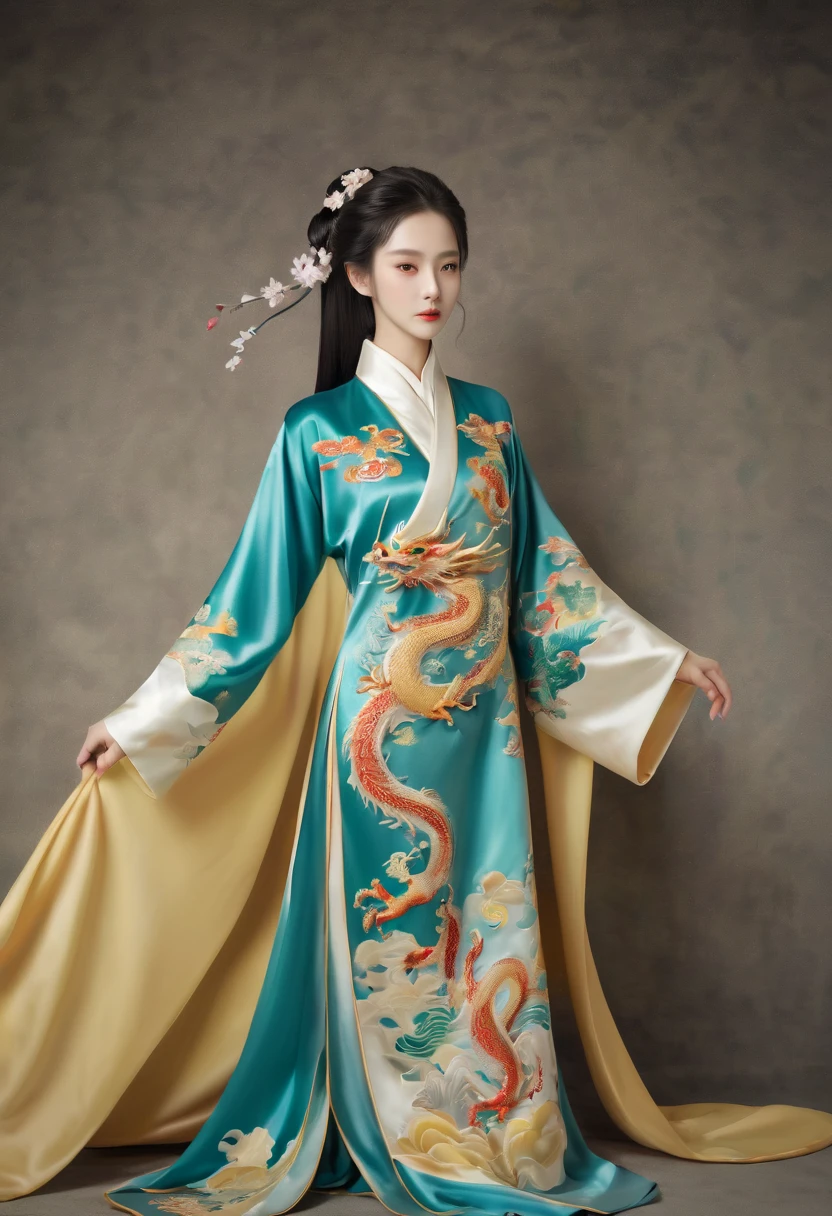 an embroidered robe,Dragon embroidery,Chinese clothing design,Silk fabric,Symmetrical style,Full body queen