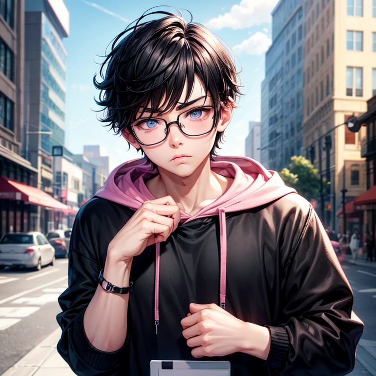 cute, Caucasian, transman, very short hair, black hair, pink glasses, black hoodie, pouty small lips, button nose, blue eyes, round chin