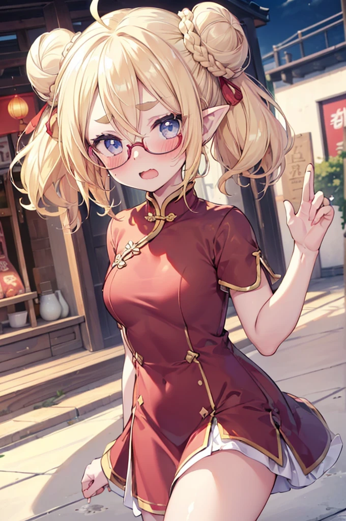 ultra detailed, best quality, high resolution, ((16k)), ((1girl)), pale skin, petite, (glossy blonde hair:1.5), (very short hair), (ahoge:1.3), (glasses), pointy ears, (blush:1.5), blue eyes, medium breasts, smile, cowboy shot, chinese store, big hair ribbon, ((double bun)), ((fang)), open mouth, (forehead:1.3), (thick eyebrows), ((china dress)), ((waving:1.3)), topless, ((panty shot))