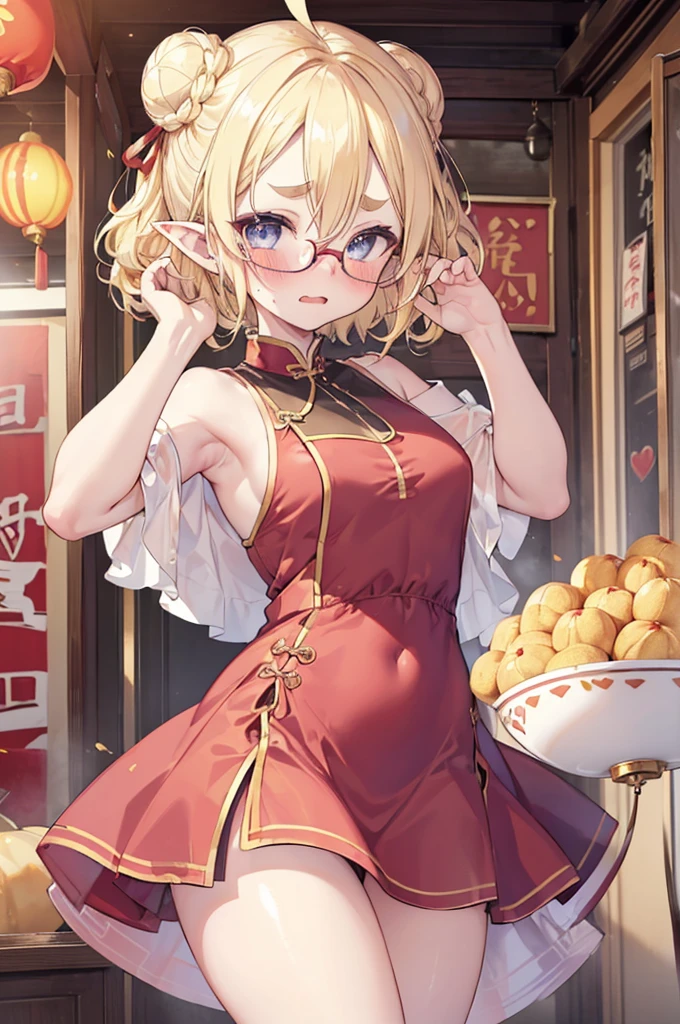 ultra detailed, best quality, high resolution, ((16k)), ((1girl)), pale skin, petite, (glossy blonde hair:1.5), (very short hair), (ahoge:1.3), (glasses), pointy ears, (blush:1.5), blue eyes, medium breasts, smile, cowboy shot, chinese store, big hair ribbon, ((double bun)), ((fang)), open mouth, (forehead:1.3), (thick eyebrows), ((red china dress)), ((fall down1.5)), ((wavy mouth:1.3)), open mouth