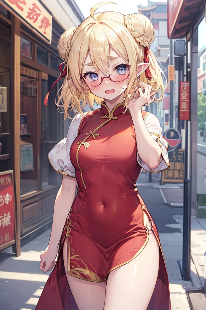 ultra detailed, best quality, high resolution, ((16k)), ((1girl)), pale skin, petite, (glossy blonde hair:1.5), (very short hair), (ahoge:1.3), (glasses), pointy ears, (blush:1.5), blue eyes, medium breasts, smile, cowboy shot, chinese store, big hair ribbon, ((double bun)), ((fang)), open mouth, (forehead:1.3), (thick eyebrows), ((red china dress)), ((fall down1.5)), ((wavy mouth:1.3)), open mouth