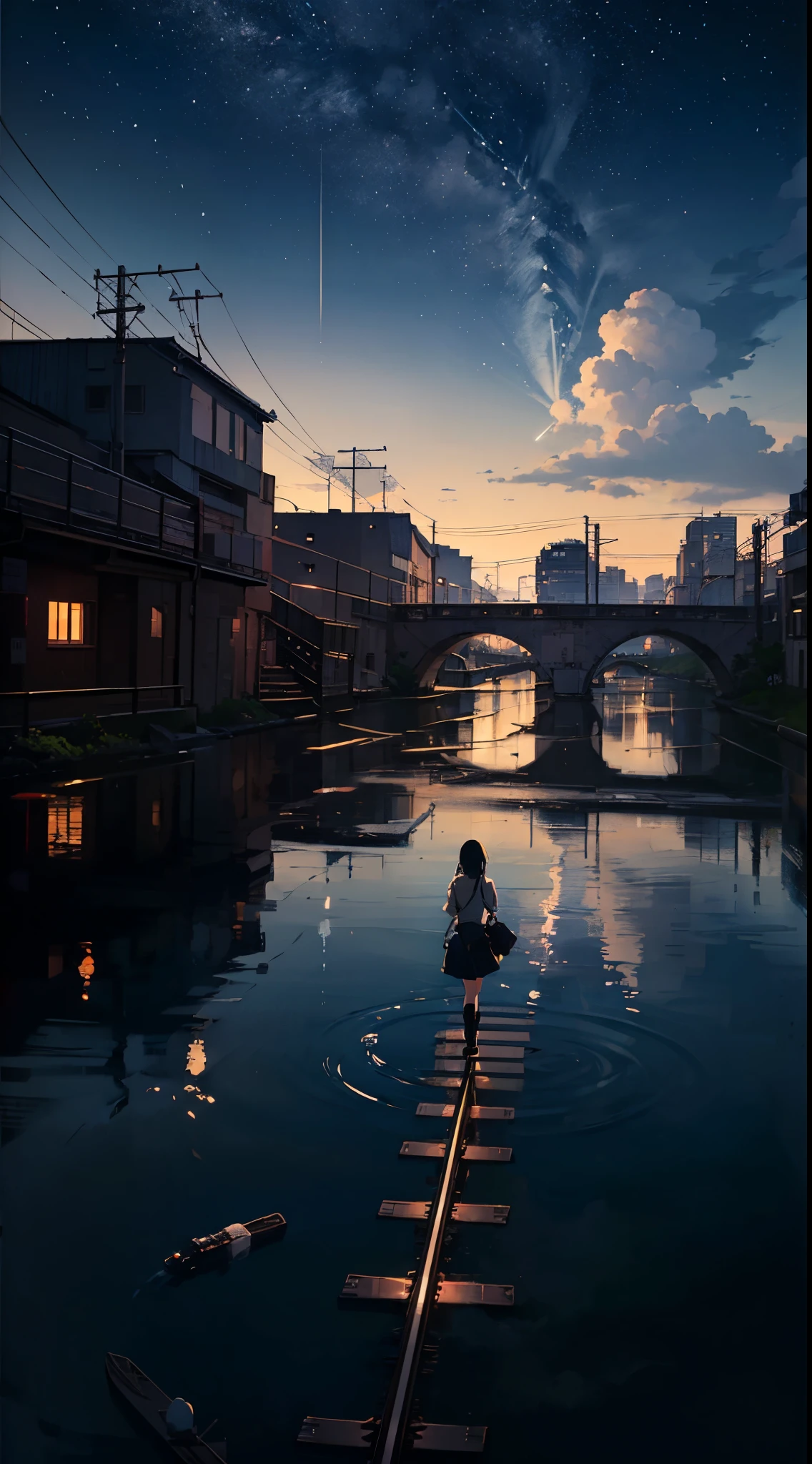 High quality masterpiece, landscape, anime train passing through bodies of water on tracks, bright starry sky. Romantic train, pixiv, concept art, lofi art style, reflection. by Makoto Shinkai, lofi art, Beautiful anime scene, Anime landscape, detailed scenery —width 672, in style of Makoto shinkai, style of Makoto shinkai, enhanced details.