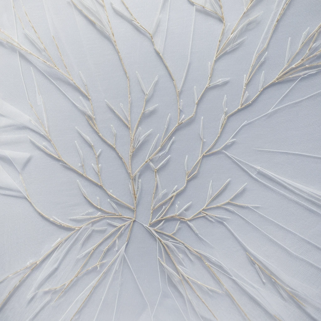 Best quality，EXTREMELY CLEAR，Super refined，super complex，Transparent pure white tone，Pure  thread embroidery，clear crystal embroidery，clear crystal embroidery，Flat background texture material with unique rigorous dense  lines