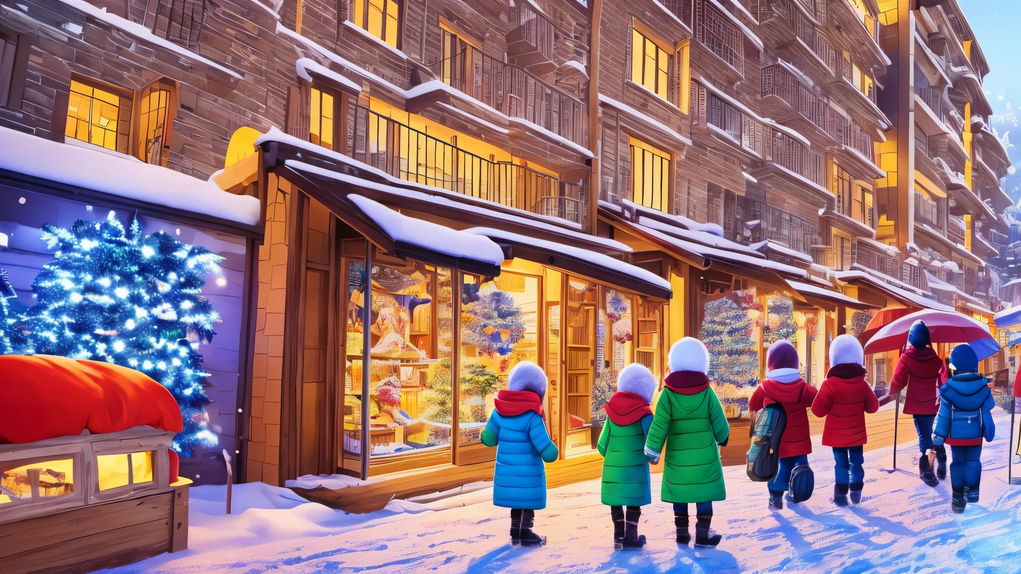 Kindergarten entrance, children wearing cartoon patterned winter clothes, held in their mother's arms, looking at the snowflakes with a curious face (Modern Southwest China big city cold winter life theme). Pixar 3D animation, pen cartoon, clean picture, exquisite picture, rich details, bright colors, Disney film sense, ray tracing , Octane Render, Cinema 4D, HDR, 4K, --auto --s2