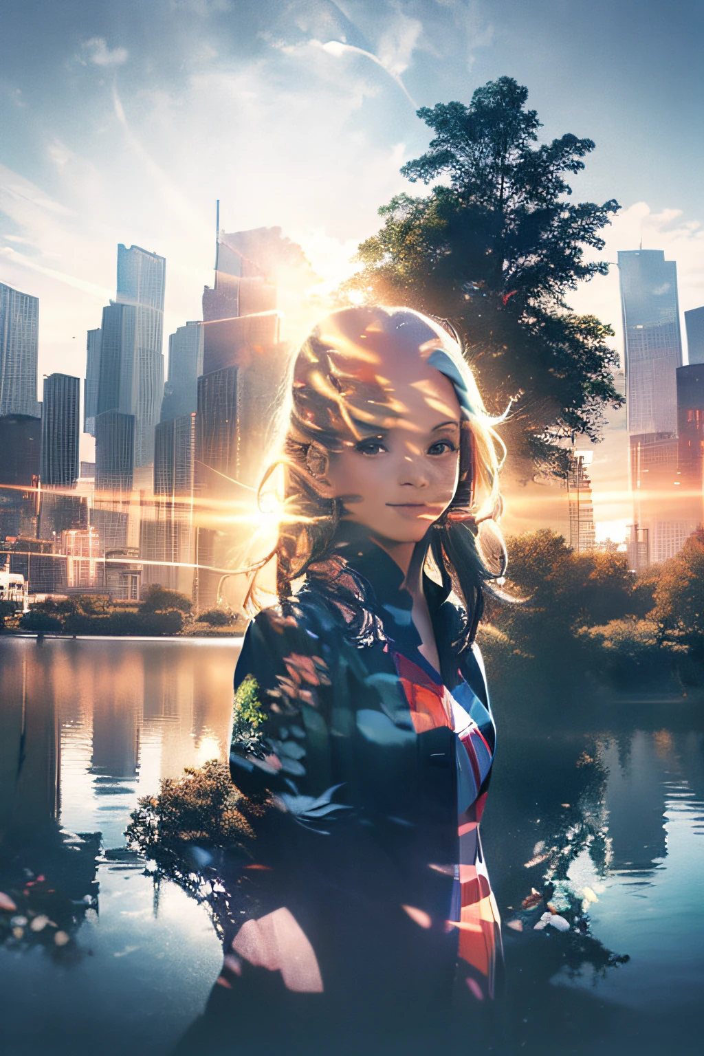 photoRealstic、((Super multiple exposure effect where the background can be seen through the clothes))、girl with、A smile、Lakeside in the background、Wonderful、towards the night view, If you leave the shutter open for a long time、create a line of light.