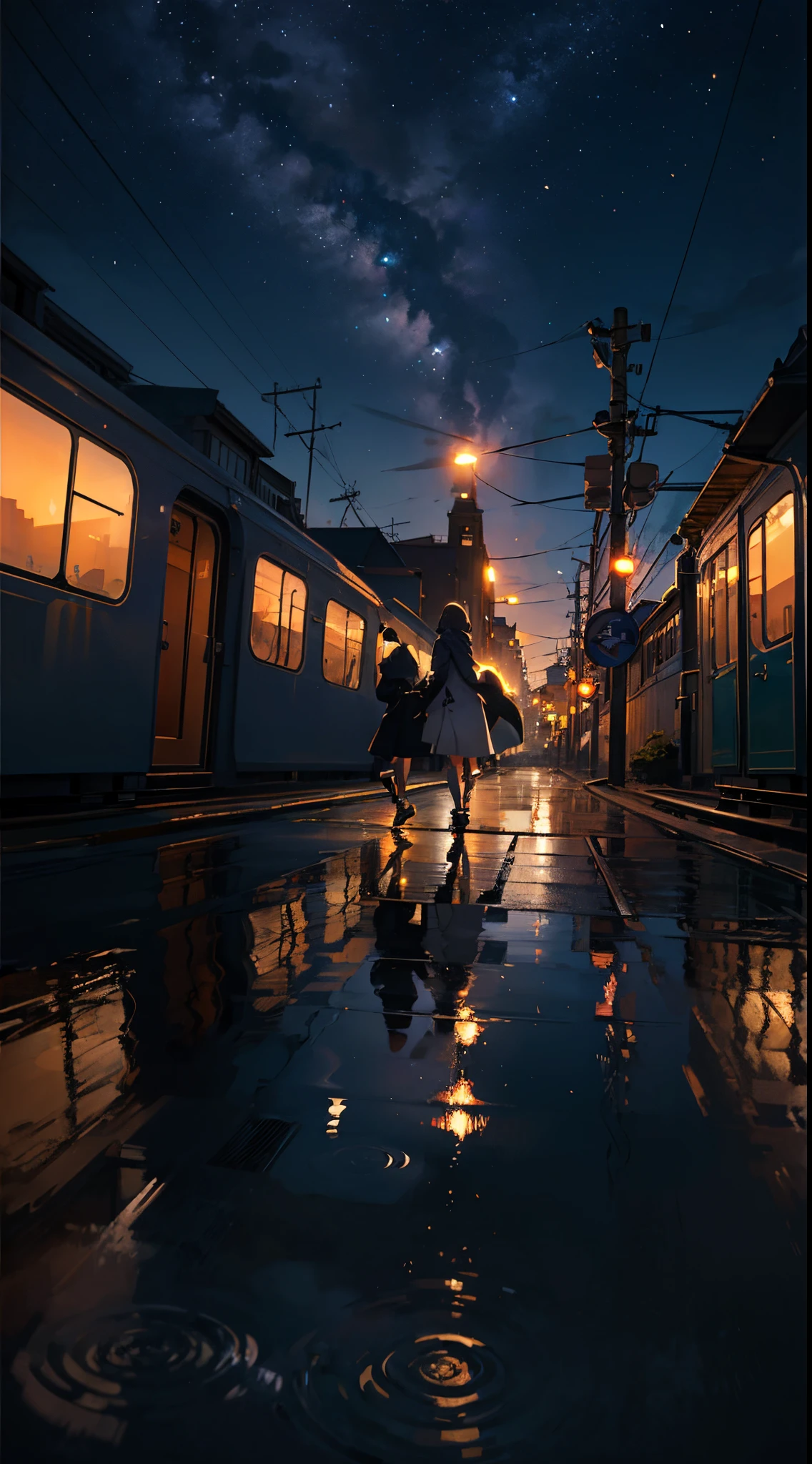 high high quality， tmasterpiece ，1 sister,Lower bust，ssmile，(The shirt:1.5),(Wearing mini skirt:1.2),cabelos preto e longo-trimmed hooded long coat，scenecy，Anime train passing through bodies of water on tracks， Glittering starry sky。Romantic train，pixiv，concept-art，Lofi art style，Reflectory makoto shinkai, lofi art, beautiful anime scenes, Anime landscapes, Detailed scenery —width 672, in style of makoto shinkai, style of makoto shinkai，Detail enhancement。